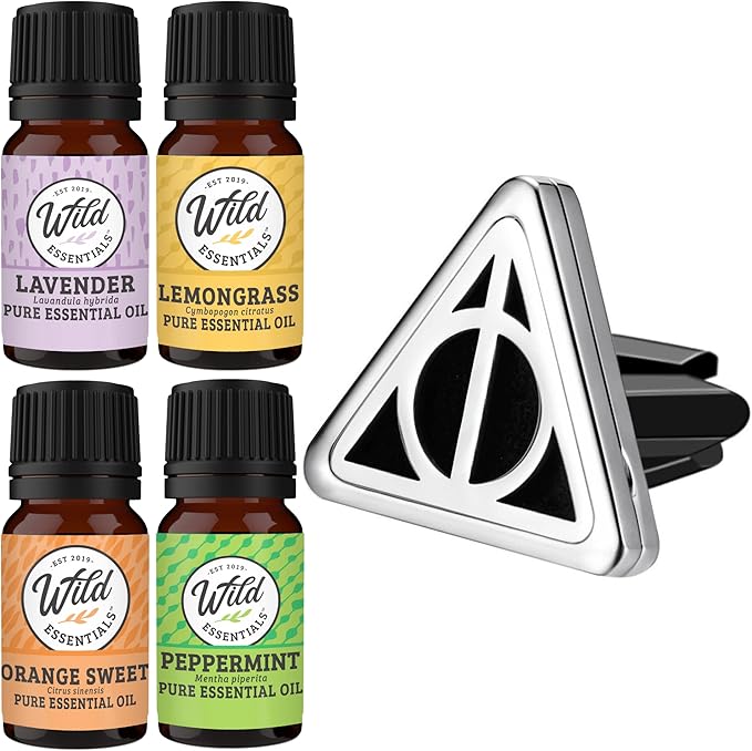 Wild Essentials Potter Hallows Essential Oil Car Vent Diffuser Kit with Lavender, Lemongrass, Peppermint, Orange Oils, Stainless Steel Locket Pendant, 8 Refill Pads, Color Changing Air Freshener