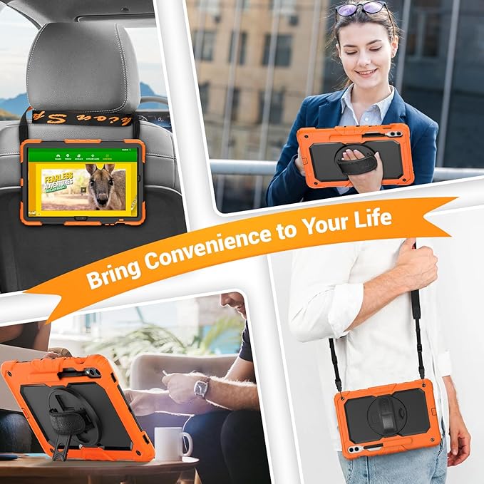 SEYMAC Case for Samsung Galaxy Tab S10+/S9 FE+/S9+ Plus 12.4" - Heavy Duty Shockproof Protective Case with Screen Protector, Stand, Hand/Shoulder Strap and Pen Holder, Orange