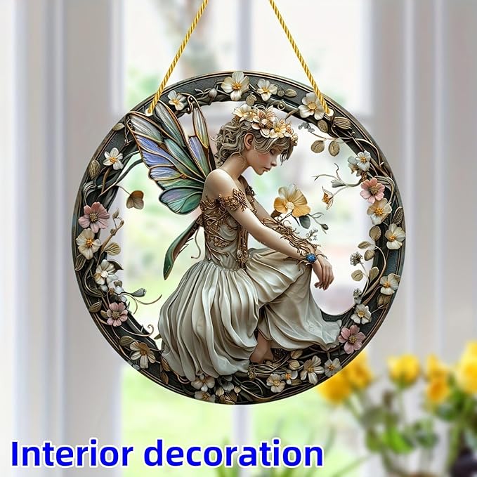 Flower Fairy Garden Decorations Angel Wing Christmas Halloween Deco Statue Art Elf Sculpture Hanging Craft for Outdoor Yard Courtyard Lawn Patio Window Acrylic Ornament Home Gift (B,S: 6*6 IN)
