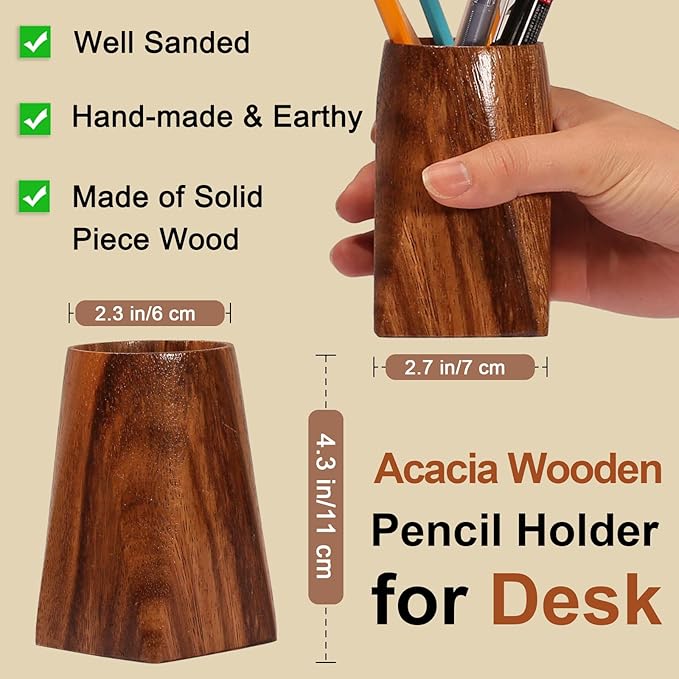 Acacia Wooden Pen Pencil Holder for Desk, Multi-purpose Pencil Cup for Office/School/Home, Pen Organizer Desk Accessories, Also Suitable for Makeup Brush Holder