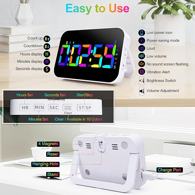 Digital Kitchen Timer, 10 RGB Color Rechargeable Magnetic Timer for Cooking with Count Down Up, 5”LED Large Display, Kids Timers for Classroom Home Office Gym Work Study Fitness Game