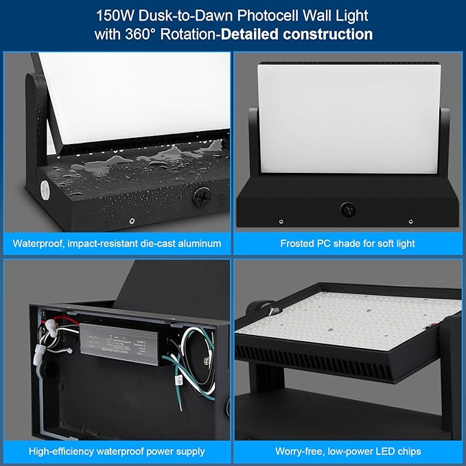 ledmo 150W Outdoor Flood Lights 4 Pack LED Wall Pack Light with Photocell 360° Adjustable Wall Mount Lights 21000lm Efficient Commercial Security Lighting IP68 5000k for Above Garage Yard Park Shop