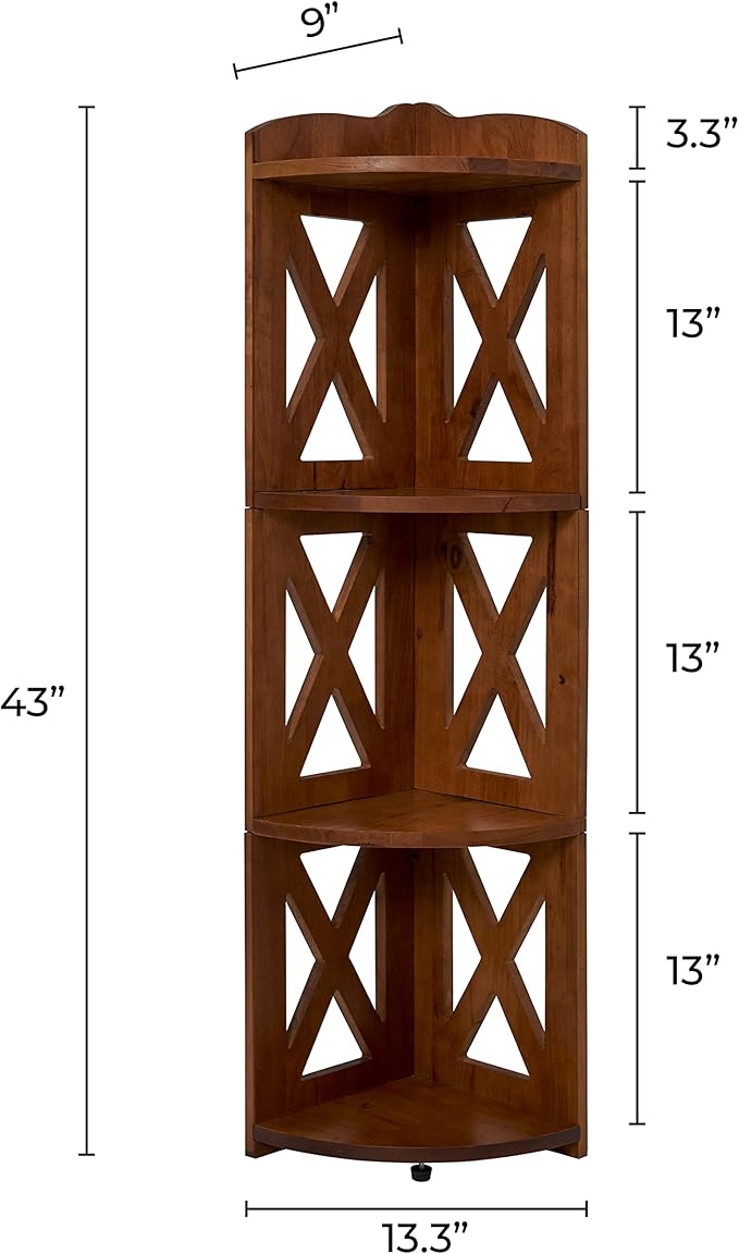 NHZ Corner Shelf Stand,100% Natural Wood Corner Bookshelf, Corner Bookcase and Plant Stand (Brown, 4 Tier)