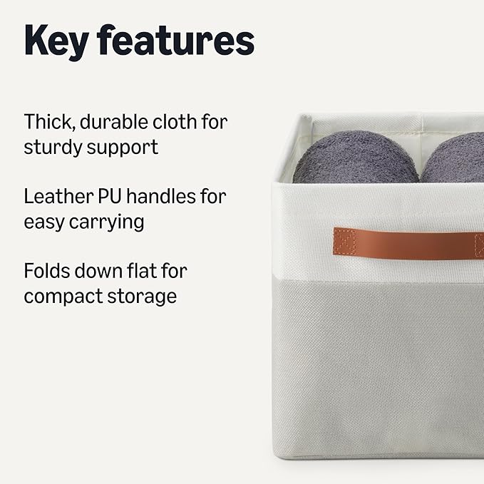 Amazon Basics Collapsible Storage Bins with Leather Handles, Linen, Large, Pack of 3