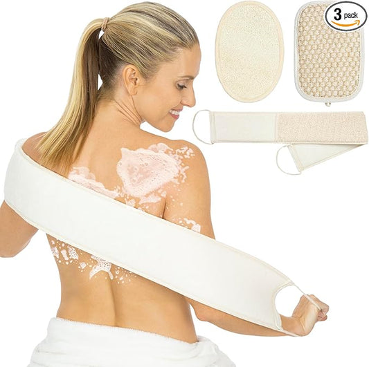 Vive Exfoliating Back Scrubbers for Use in Shower (3 Set) - Loofah Sponge Pads for Body with Handles, Deep Clean and Invigorate Your Skin for Men, Women and Elderly - Soft Luffa with Soap