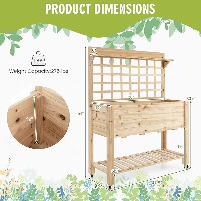 S AFSTAR Raised Garden Bed with Trellis, 41.5x16x54in Mobile Elevated Planter Box with Wheels, Bed Liner, Top/Bottom Storage Shelves, Freestanding Wood Planter Stand for Garden Patio Balcony