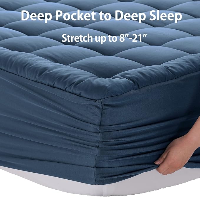 EASELAND Full Size Mattress Pad Pillow Top Mattress Cover Quilted Fitted Mattress Protector 8-21" Deep Pocket Cooling Mattress Topper (54x75 Inches, Dark Blue)