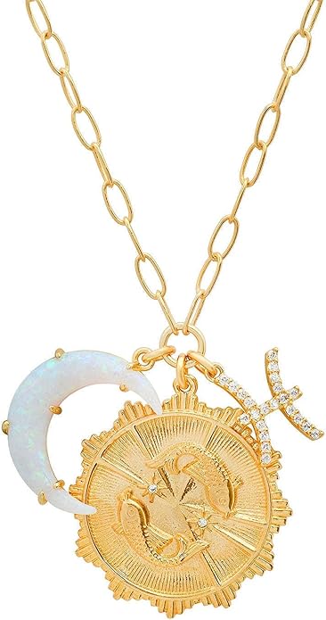 Gold Zodiac Sign Embossed Coin Opal Crescent Moon Charm Necklace for Women Trendy 18K Gold Plated Retro Paperclip Chain 12 Constellation Horoscope Necklaces Astrology Jewelry Gifts