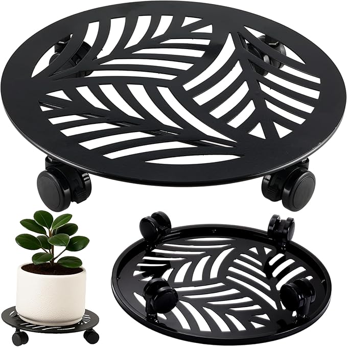 1 Packs Large Metal Plant Caddy with PU Wheels 13" Heavy-Duty Wrought Iron Rolling Plant Stands Indoor Outdoor Wheeled Plant Dolly Planter Mover Rollers Plant, Leaf Style