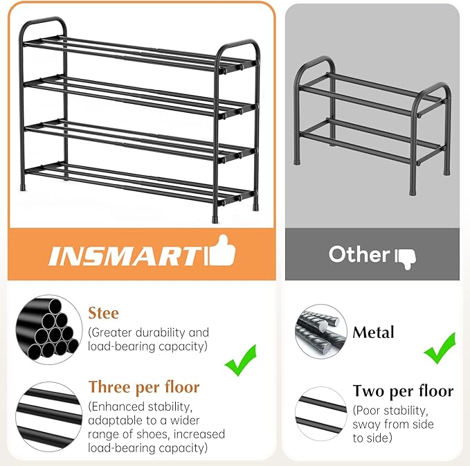 INSMART 4-Tier Expandable Shoe Rack, Stackable and Adjustable Shoes Organizer Storage Shelf, Sturdy and Durable Metal Structure Free Standing Shoe Rack for Closet Entryway Doorway