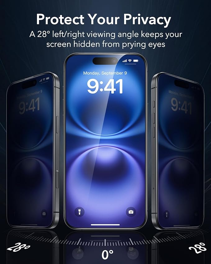 ESR 3 Pack 9H+ Glass for iPhone 16/ iPhone 15 Privacy Screen Protector, [Military Grade Shatterproof & Longest Durable] Armorite Anti-spy Tempered Glass with UltraFit Tray