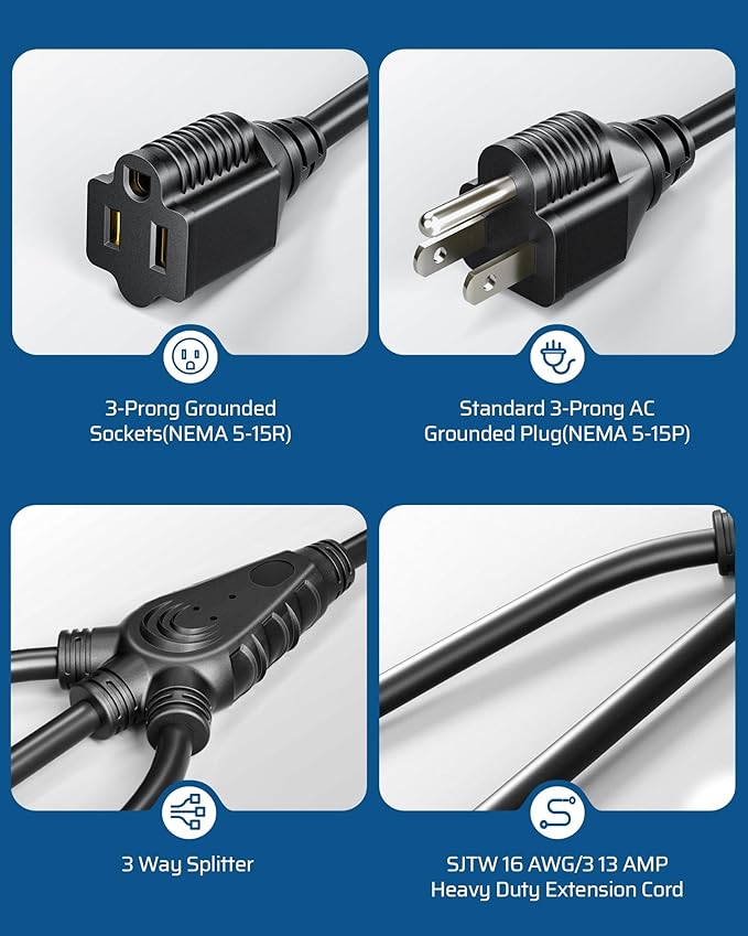 DEWENWILS Extension Cord Splitter 1 to 3, 18 Inch 16/3 Heavy Duty SJTW Wire, 3 Prong Outdoor Power Splitter for Halloween Decor Christmas Lights, ETL Listed, Black, Pack of 3…