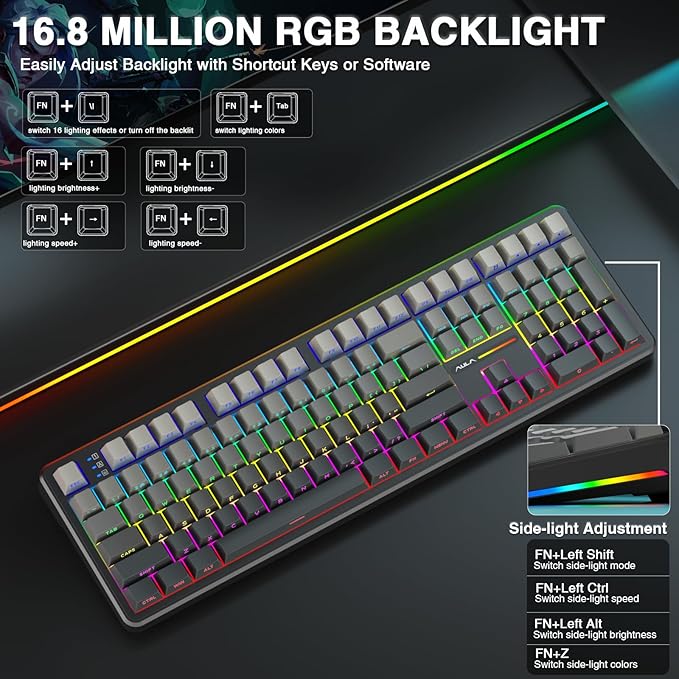 AULA F108 Wireless Mechanical Keyboard, Full Size Gaming Keyboard with Number Pad, Side Printed PBT Keycaps, Pre-lubed Switches, RGB Backlit, Hot Swappable Creamy Sounding Computer Keyboards, 108 keys