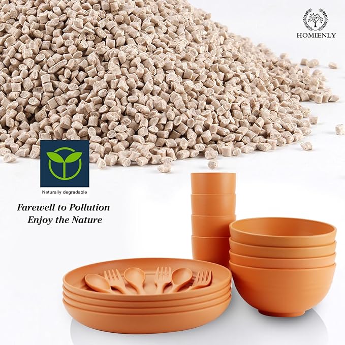 Wheat Straw Dinnerware Sets, Homienly 20pcs Unbreakable Microwave Dishwasher Safe Tableware Lightweight Bowls, Cups, Plates Set Reusable Dinner Plates Bowls set (Orange)