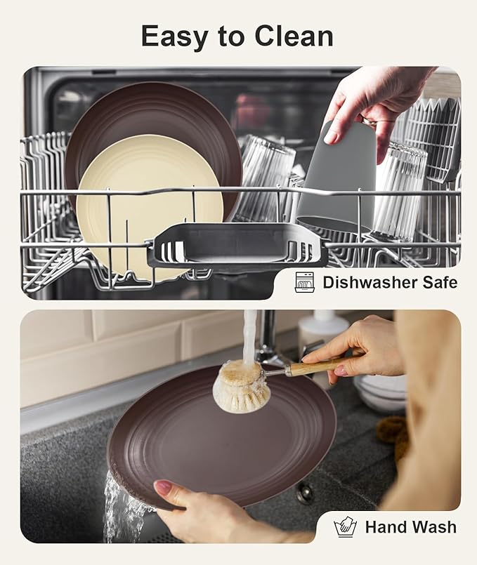 Quatish 24 Piece Plates and Bowls Sets for 6, Unbreakable Dinnerware Sets, Plastic Dish Set for Camping, Dishwasher Microwave Safe, Outdoor Kitchen and Apartment Dinning RV Essentials, Brown