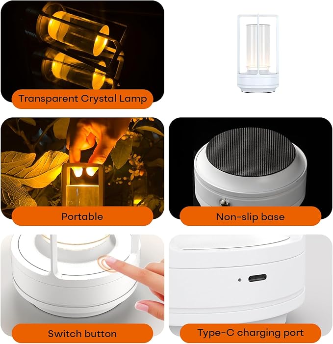 Portable Outdoor Table Lamp, Cordless Dimmable Touch Table Light, Rechargeable Battery Operated Small Lamp with 3 Colors and Brightness Control for Bedroom/Patio/Camping/Bar/Coffee Shop (White)