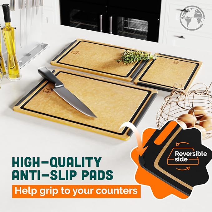 Earth’s Dreams Wood Cutting Board Set 3-Piece: Small, Large & Extra Large - Charcuterie Board, Non-Plastic, Non-Toxic, Heavy-Duty, Dishwasher Safe (Tan/Black)