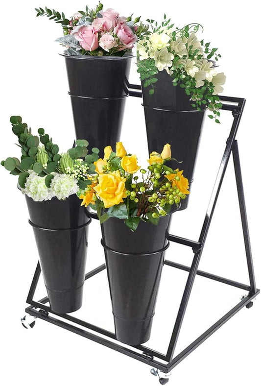 Flower Display Stand, Mobile Plant Cart shelve with Wheels, with Plastic Buckets, Easy to Install, Stepped Plant Stand, Suitable for Indoor and Outdoor Balcony Courtyard Garden Art Exhibitions ( Color
