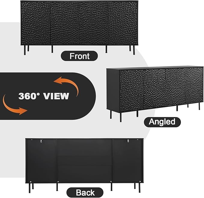 ANJ Black TV Stand for 75 inch TV, Mid-Century Modern TV Console Stand with Storage Cabinet, Entertainment Center with Adjustable Shelf Design,Textured Honeycomb Pattern