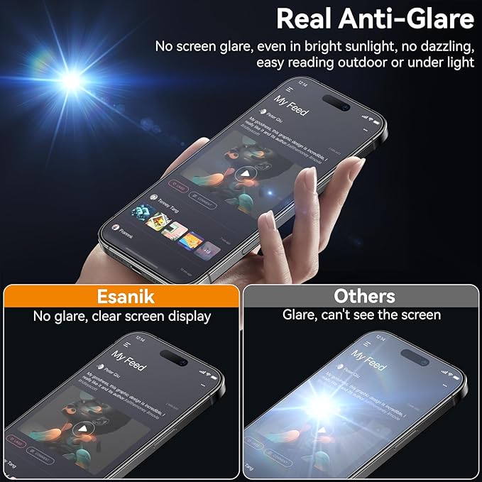 Esanik for iPhone 15 Pro Matte Glass Screen Protector [Auto-alignment] Anti-Glare & Anti-Fingerprint,Anti-Reflection,Bubble Free, Smooth as Silk, 2 Pack 9H Glass Screen Cover