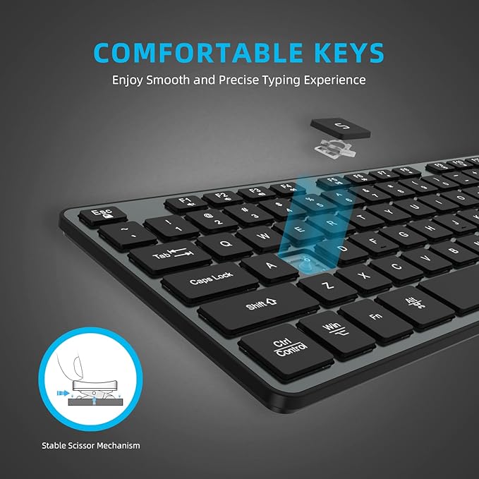 Slim Quiet Wireless Keyboard for Mac and Windows,Durable Flat Keyboard with Full Size Ultra Quiet Low-Profile Flat Keys, 2.4GHz Wireless for Mac,Windows 11/10/8/7/Vista,Microsoft & PC（Grey