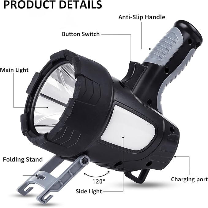 Rechargeable Spotlight Flashlight, 99,000 Lumen Super Bright Led Spotlight with 6 Modes & Foldable Tripod, Powerful Spot Light 30H Long Runtime, Handheld Spot Light for Outdoor Boating Hµnting