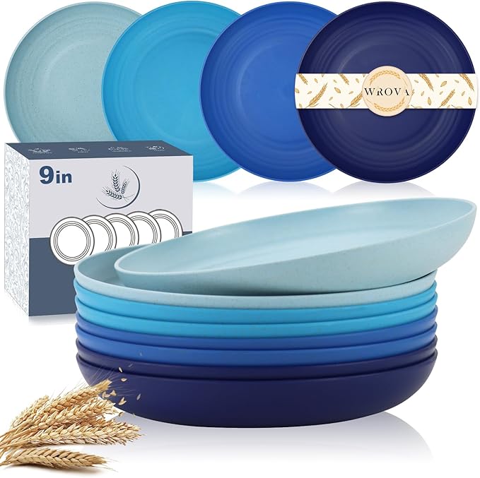 Wheat Straw Salad Plates - 9 Inch Unbreakable Dinner Set of 8 Dishwasher & Microwave Safe Plastic Reusable Lightweight for kitchen,camping (Ocean),Ocean Series:Gradient Blue