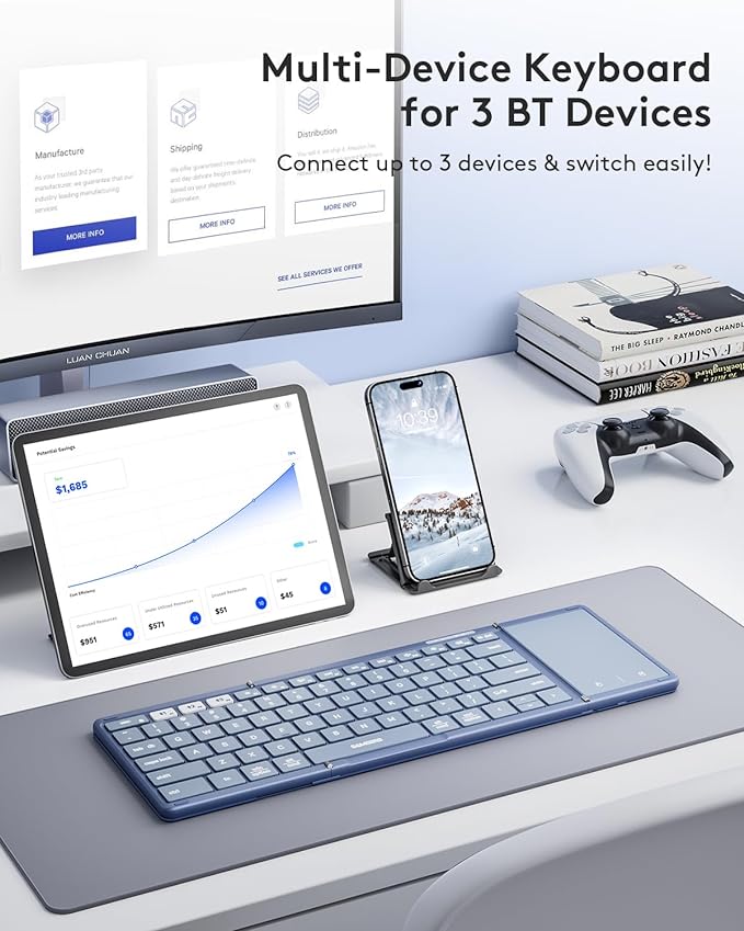 Samsers Foldable Bluetooth Keyboard with Touchpad, Full-Size Wireless Folding Keyboard with PU Leather, Portable Travel Keyboards for iOS Android Windows Mac OS, Support 3 Devices (BT5.1 x 3), Blue