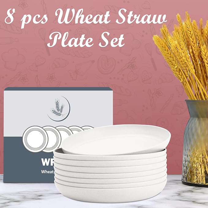 Wheat Straw Plates - 10 Inch Unbreakable Dinner Plates Set of 8 - Dishwasher & Microwave Safe Plastic Plates Reusable for kitchen and camping (White)