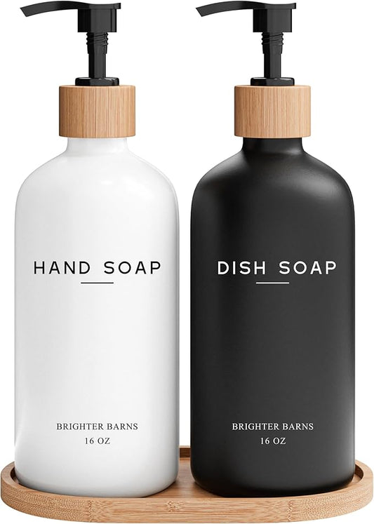 Luxury Glass Hand and Dish Soap Dispenser Set by Brighter Barns - Kitchen Soap Dispenser Set with Tray - Bamboo Pump Bottle for Kitchen Sink - Boho Home Decor, Modern Decor in Restaurant (Black/White)