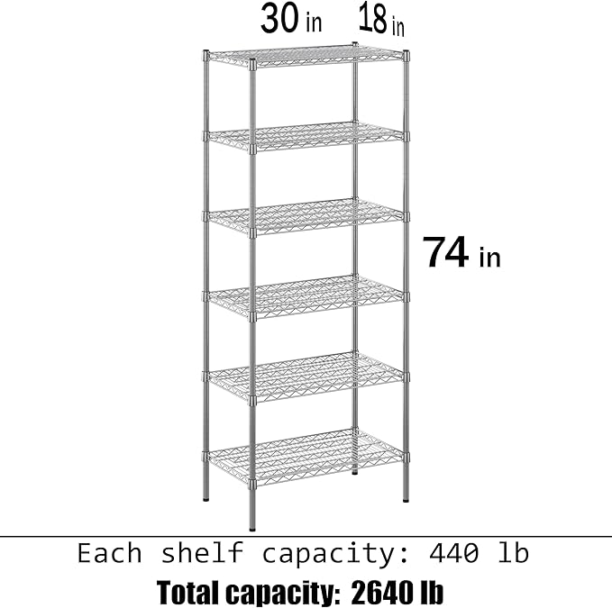18" Deep x 30" Wide x 74" Height Wire Shelving Kit | 6-Tier | NSF Commercial Storage Rack Unit