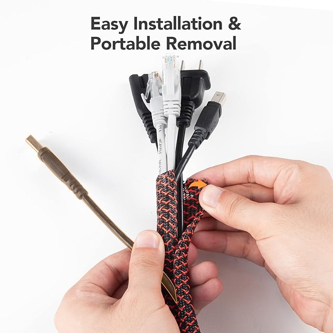 AGPTEK Cable Sleeve Cover, 10ft - 1.2 inch Desk Cord Organizer Cable Hider, Home Office Wire Management Computer TV Wire Loom Tubing, Pet Proof Cord Protector, from Cat Dog Chewing, BlackRed