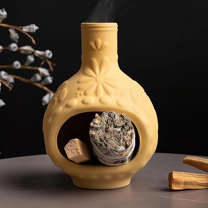 Handmade Ceramic Palo Santo Burner&Incense Holder-Mini Chimenea Dish for Sage Sticks,Copal,and Meditation Decor-Natural Clay Smudge Pot with Aromatic Design,Anxiety Relief Gifts for Women