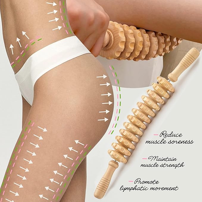Wooden Curved Handheld Roller Stick Massager - 12 Rollers Wood Therapy Tool for Trigger Point, Fascia & Cellulite Reduction, Lymphatic Drainage, Muscle Tension Relief & Body Shaping (Wood)