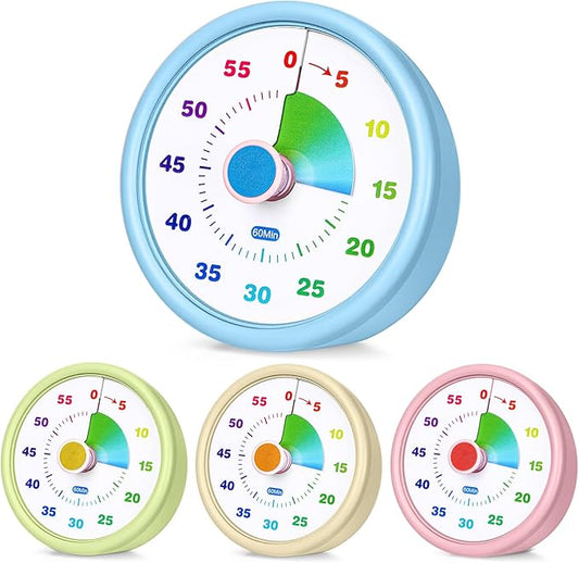 4 Pcs 60 Minute Visual Timer Colored Countdown Clock Time Management Tools with Silent Operation for Home School Supplies Study Office (Classic,Blue,Pink,Yellow,Green)