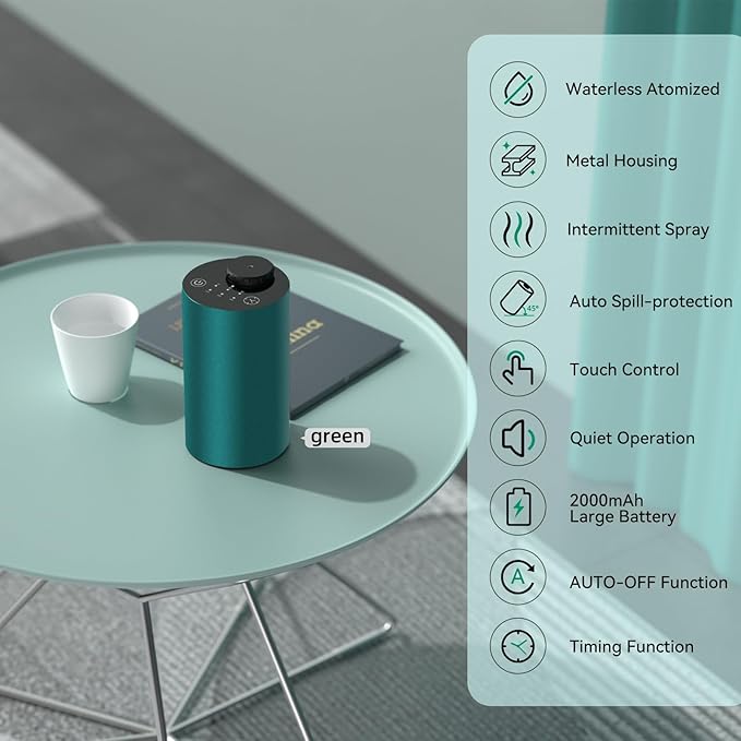 Waterless Car Diffuser for Essential Oil, Battery Operated Smart Air Freshener, Portable Mini Aromatherapy Scent Diffusers, 3 Timers & Mist Levels Cordless Nebulizer for Car Home Room Office, Blue