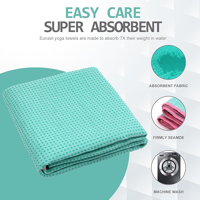 Eunzel Hot Yoga Towel - Microfiber Non Slip Yoga Mat Towel with Grip Dot Sweat Absorbent Towel for Hot Yoga, Pilates and Fitness 72" x 24", Teal/Pink