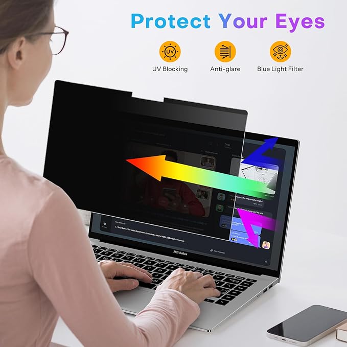 OMOTON Magnetic Laptop Privacy Screen 16 Inch 16:10, Anti-Spy Filter, Matte Anti Glare Blue Light Protector, Easy Install & Remove