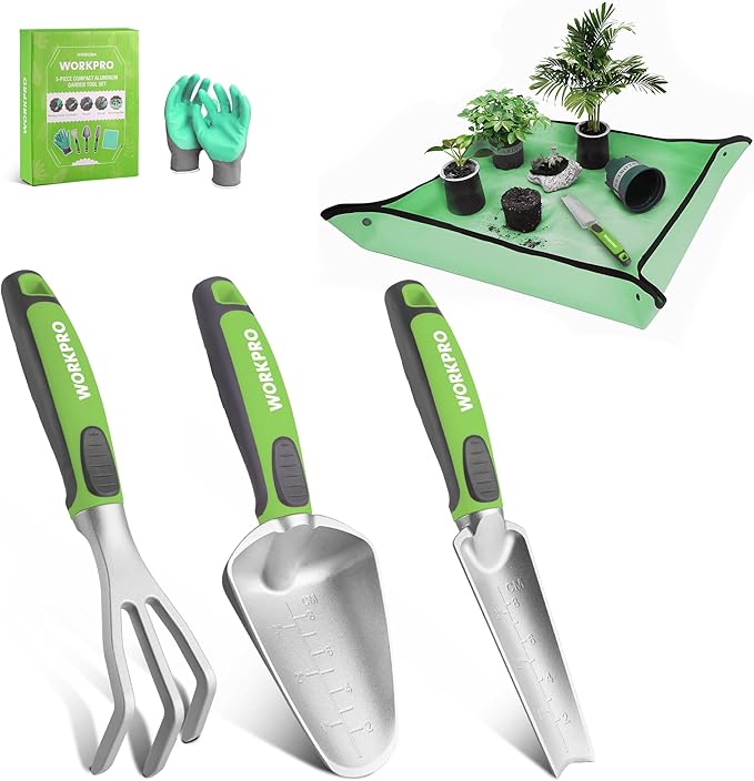 WORKPRO 5PCS Garden Tool Set, Powder Coating Compact Aluminum Gardening Tool Set with Repotting Mat, Outdoor Garden Hand Tools, Ideal Gardening Gift, Green