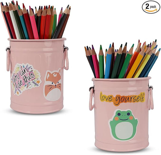 Pen Holder Cup For Desk With 60 Pcs Cute Animal & 50 Pcs Inspirational Stickers,Tinplate Pencil Holder Metal Marker Pen Organizer Desk Accessory Storage for Office Home - Barrel Shape - 2 Pack (Pink)
