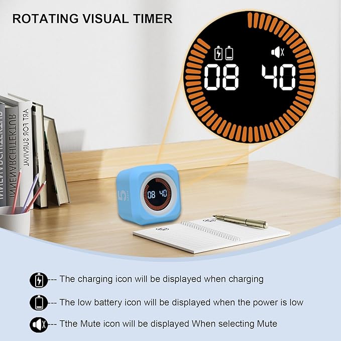 FCXJTU Rotating Cube Pomodoro Visual Timer 5, 25, 10 50 Minutes Preset, Rechargeable Desk Productivity Flip Custom Countdown Timer w/Silicone Cover, Silent Mode for ADHD Study, Work, School(Orange)