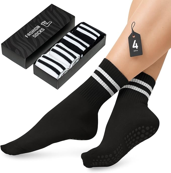 POWER STEP Pilates Grip Socks for Women, Non-Slip Cotton Crew Yoga Socks for Pilates, Dance, Workout, Barre and Home, 4 Pairs