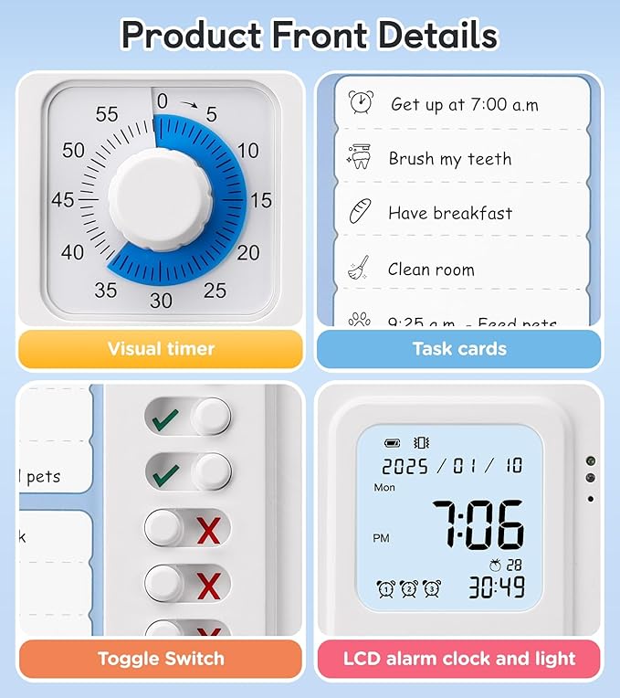 3-in-1 Visual Timer & ADHD Tool for Kids|Adults, Task Timer with Chore Chart Board, Visual Schedule for Kids with Autism, Daily Checklist for Home, School, Classroom, Desk (White)