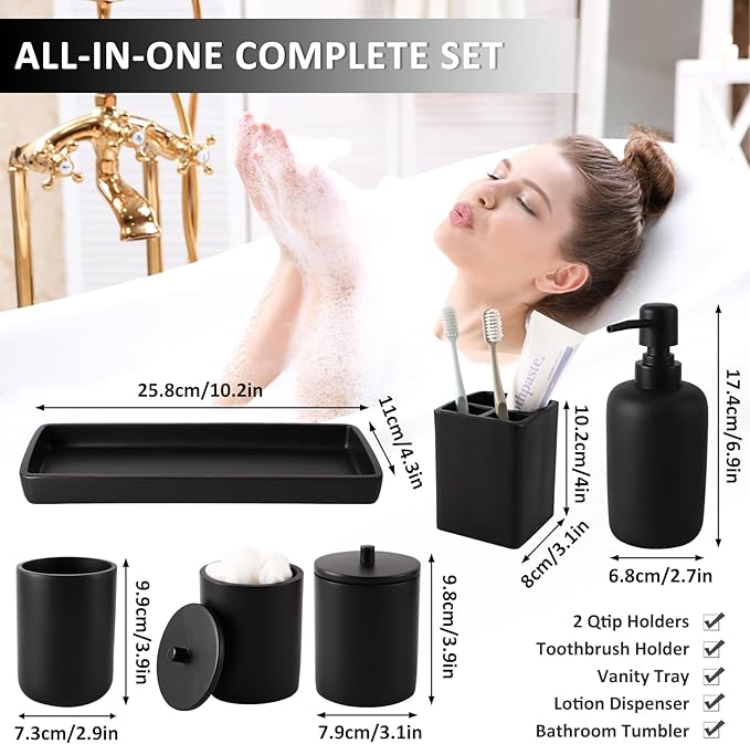 Resin 6 Pcs Black Bathroom Set Complete with Toothbrush Holder, Lotion Soap Dispenser, 2 Qtip Holder Dispensers,Vanity Tray,Bathroom Tumbler - Countertop Vanity Organizer - Bathroom Accessories Set