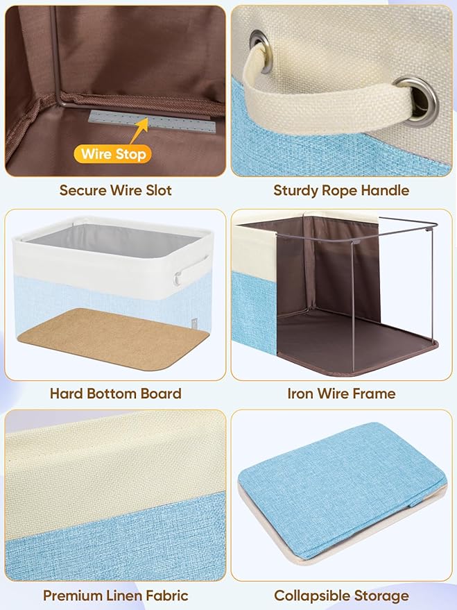 BALEINE 2 Pack Fabric Storage Bins for Shelves, Linen Storage Baskets for Organizing, Decorative Closet Bins for Clothes, Home (Skyblue, 14''x10''x8.5'')