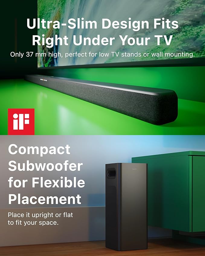 PHILIPS B6309 2.1 Channel Soundbar with Wireless Subwoofer,3D Surround Sound with DTS Virtual:X & Dolby Atmos,Easy Setup with Roku TV Ready™,APP or Remote Control,HDMI eARC,Slim Design,Dark Grey