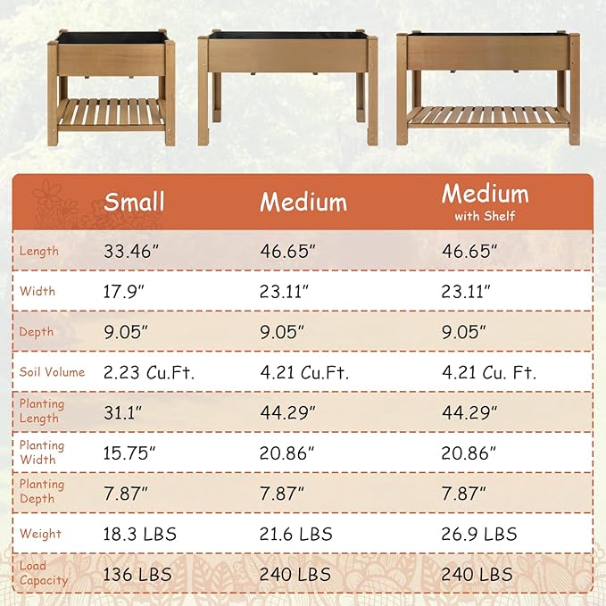 Raised Garden Bed Wooden Elevated Planter Box with Legs, Protective Liner Reinforced for Vegetables Herbs Flowers for Outdoor Patio Backyard Balcony Gardening (46.65“ L with Shelf)