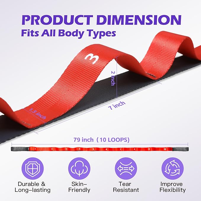 ROSAPOAR Stretching Strap with Loops - Non Elastic Yoga Straps for Physical Therapy, Durable Stretch Bands for Exercise, Flexibility Training, Hamstring & Leg Stretcher, Yoga/Pilates/Gymnastics