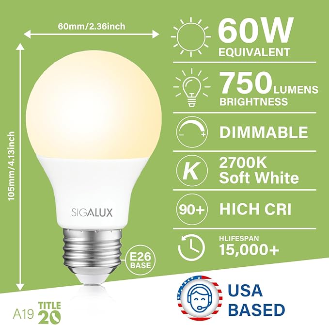Sigalux EcoBright, T20 Compliant LED Light Bulbs 60W A19 Dimmable 2700K Warm Lightbulbs, Efficient 8W Soft White LED Bulbs with E26 Medium Base, 750 Lumens,ETL Listed,24 Packs