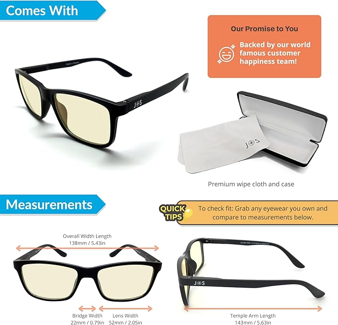 J+S Vision Blue Light Blocking Glasses for Men Women | Computer Gaming Work| Anti Strain Fatigue UV Glare | Medium-Small Fit